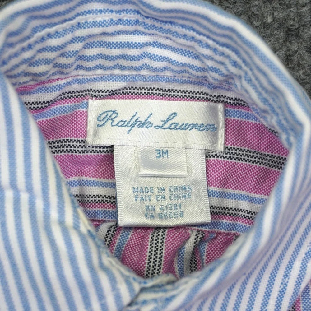 Ralph Lauren Dress Girl 3M Pink Striped Ruffle Front Short Sleeve Pony Preppy